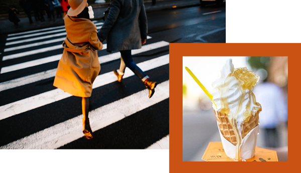Accent photo of people walking in a crosswalk and and ice cream cone